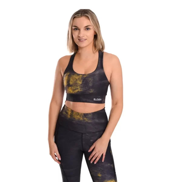 Black Gold Tie Dye Strappy Back Sports Bra