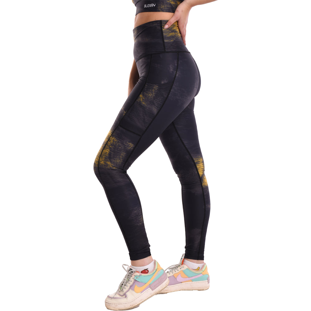 Black Gold Tie Dye High Waisted Funky Gym Leggings