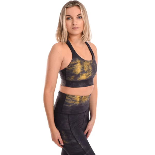 Black Gold Tie Dye Strappy Back Sports Bra