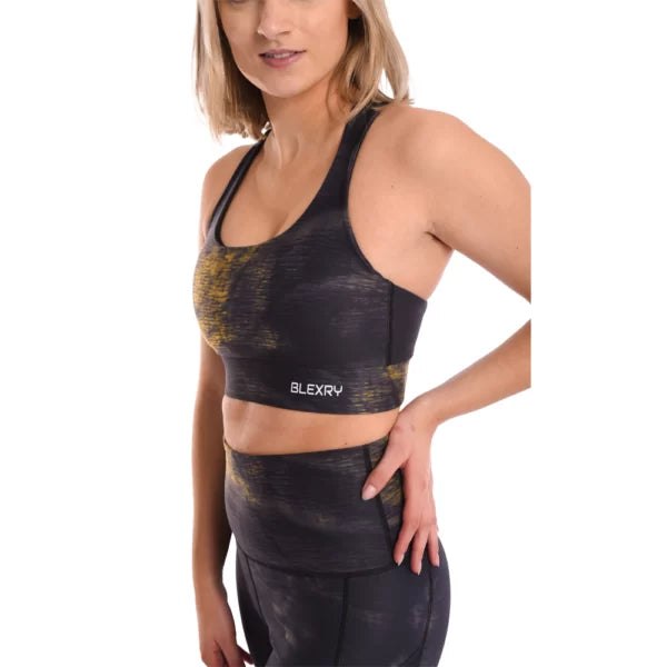 Black Gold Tie Dye Strappy Back Sports Bra