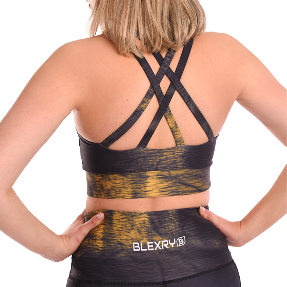 Black Gold Tie Dye Strappy Back Sports Bra