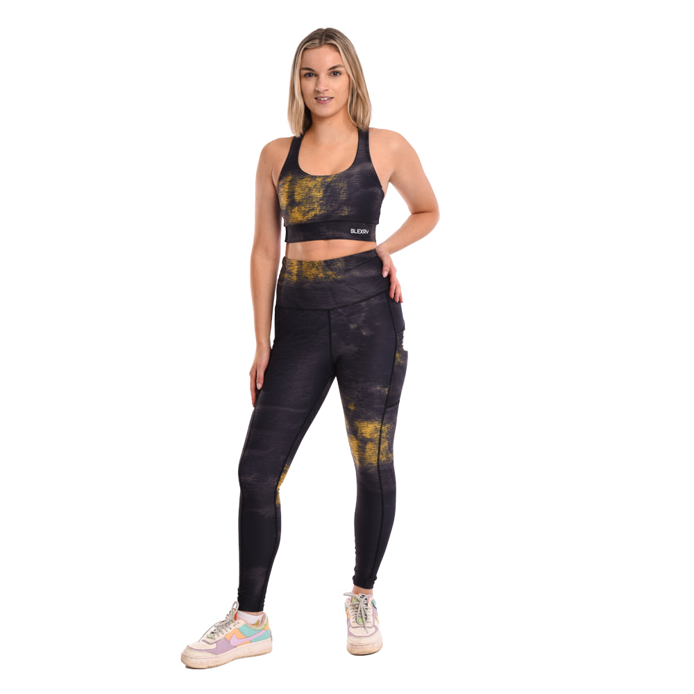 Black Gold Tie Dye Strappy Back Sports Bra